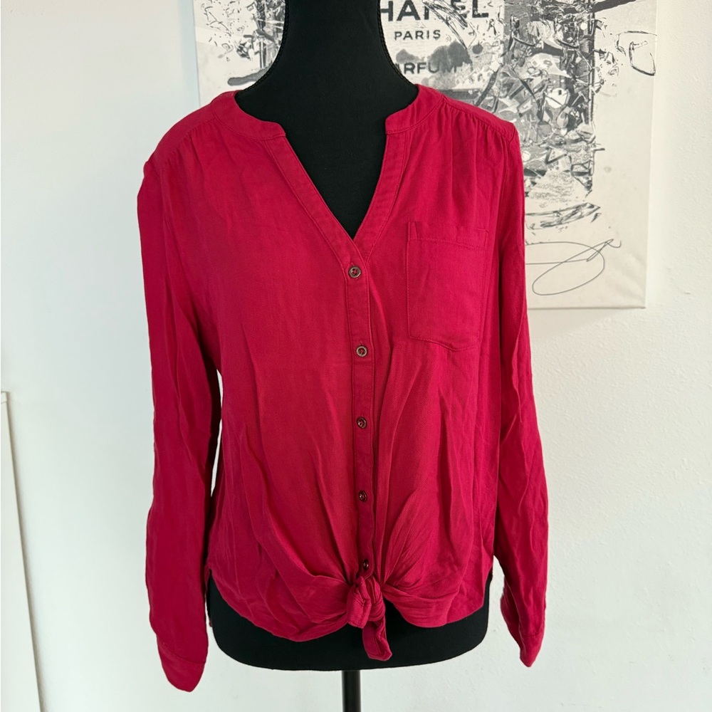 Women's Burgundy Red Button-Up High Low Top